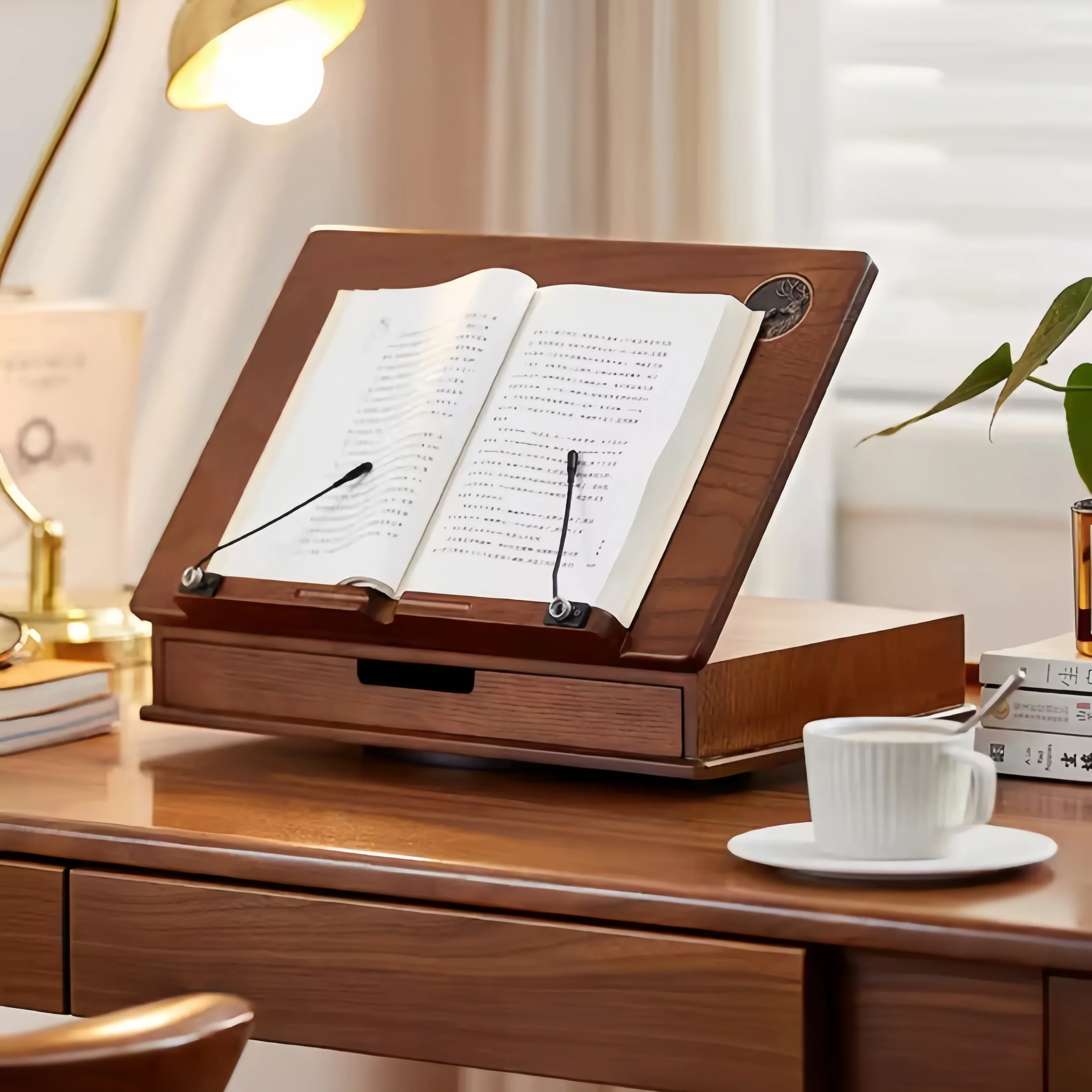 Solid Oak Wood 360° Rotating and Adjustable Book Stand with Storage Drawer - Image 5