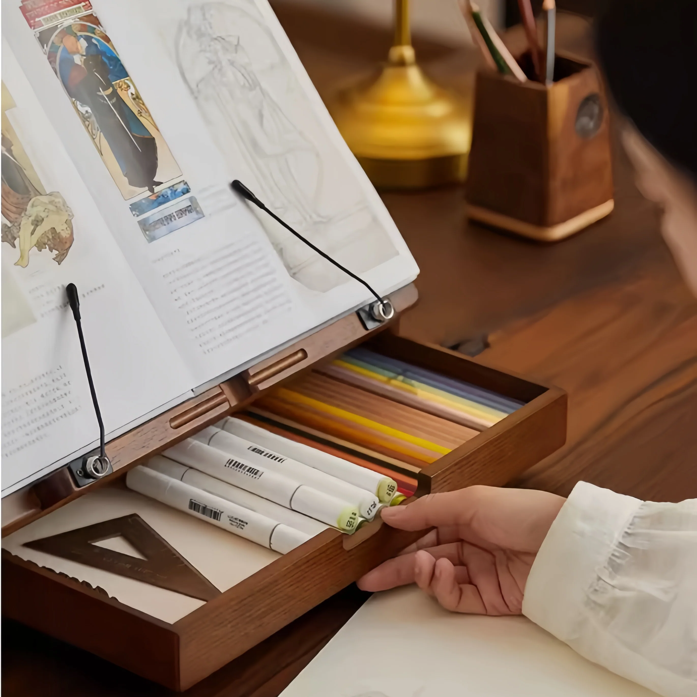 Solid Oak Wood 360° Rotating and Adjustable Book Stand with Storage Drawer - Image 6