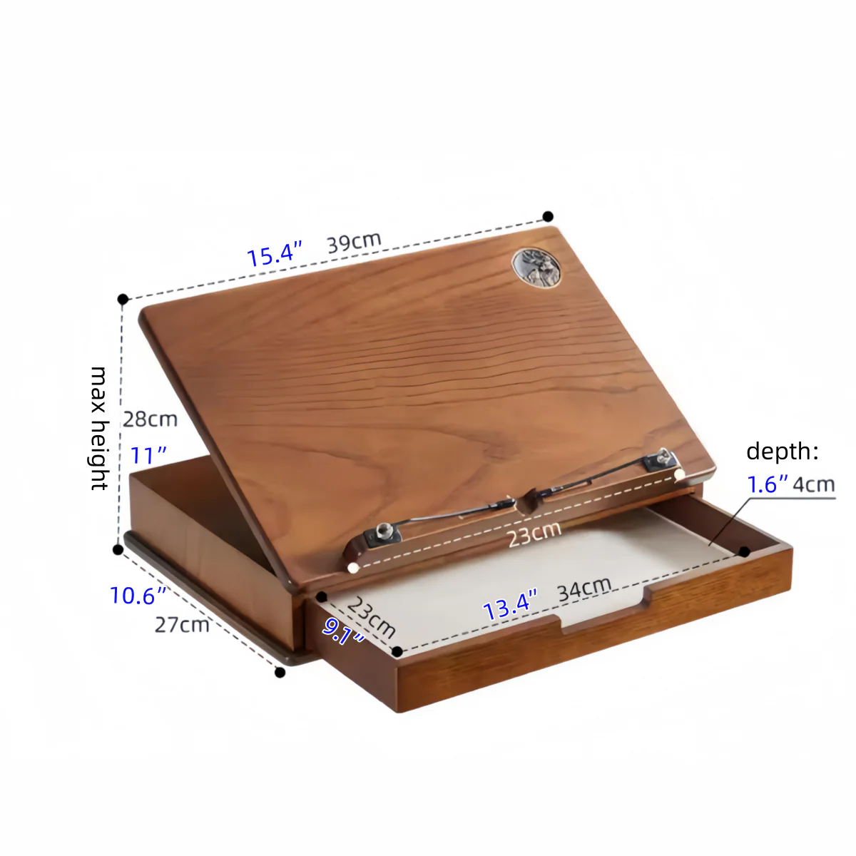 Solid Oak Wood 360° Rotating and Adjustable Book Stand with Storage Drawer - Image 8
