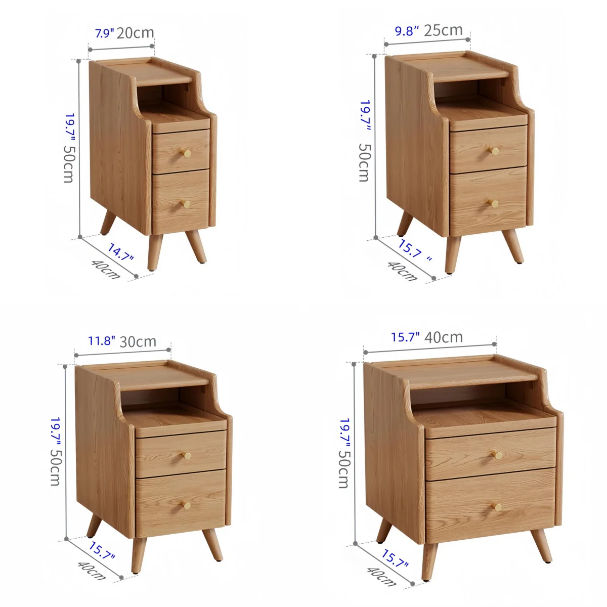 Solid Oak Wood Narrow Nightstand with 2 Drawers - Image 13
