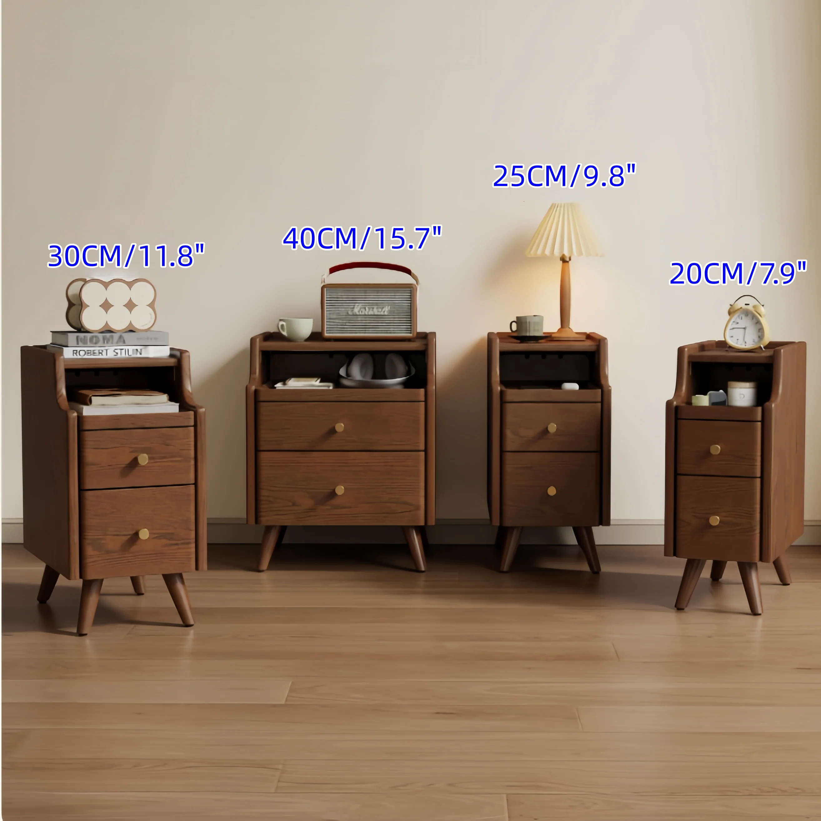 Solid Oak Wood Narrow Nightstand with 2 Drawers - Image 2