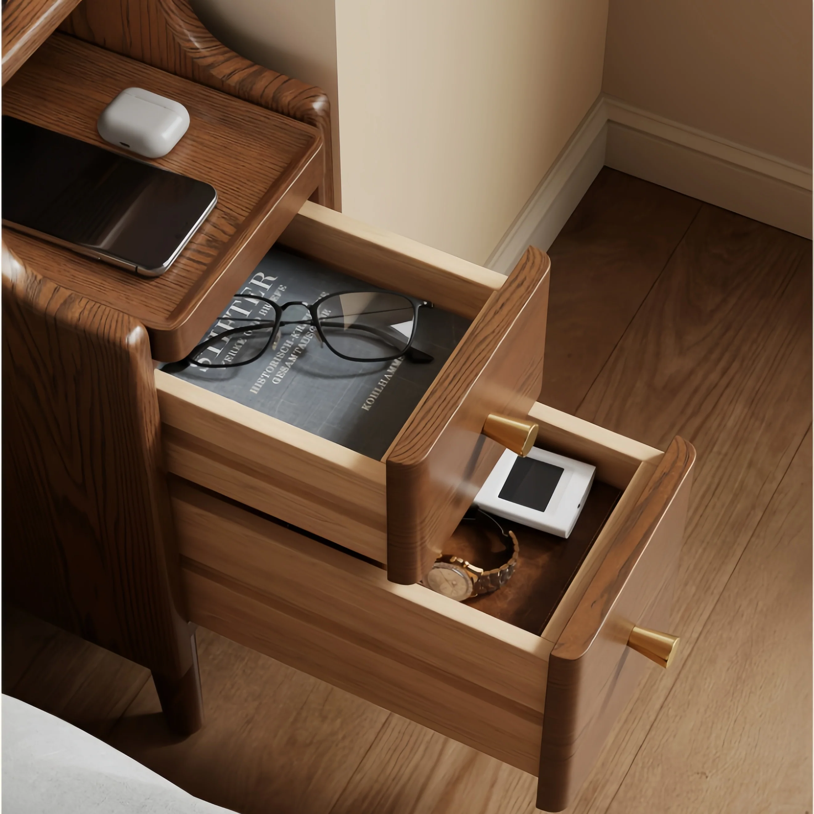 Solid Oak Wood Narrow Nightstand with 2 Drawers - Image 4