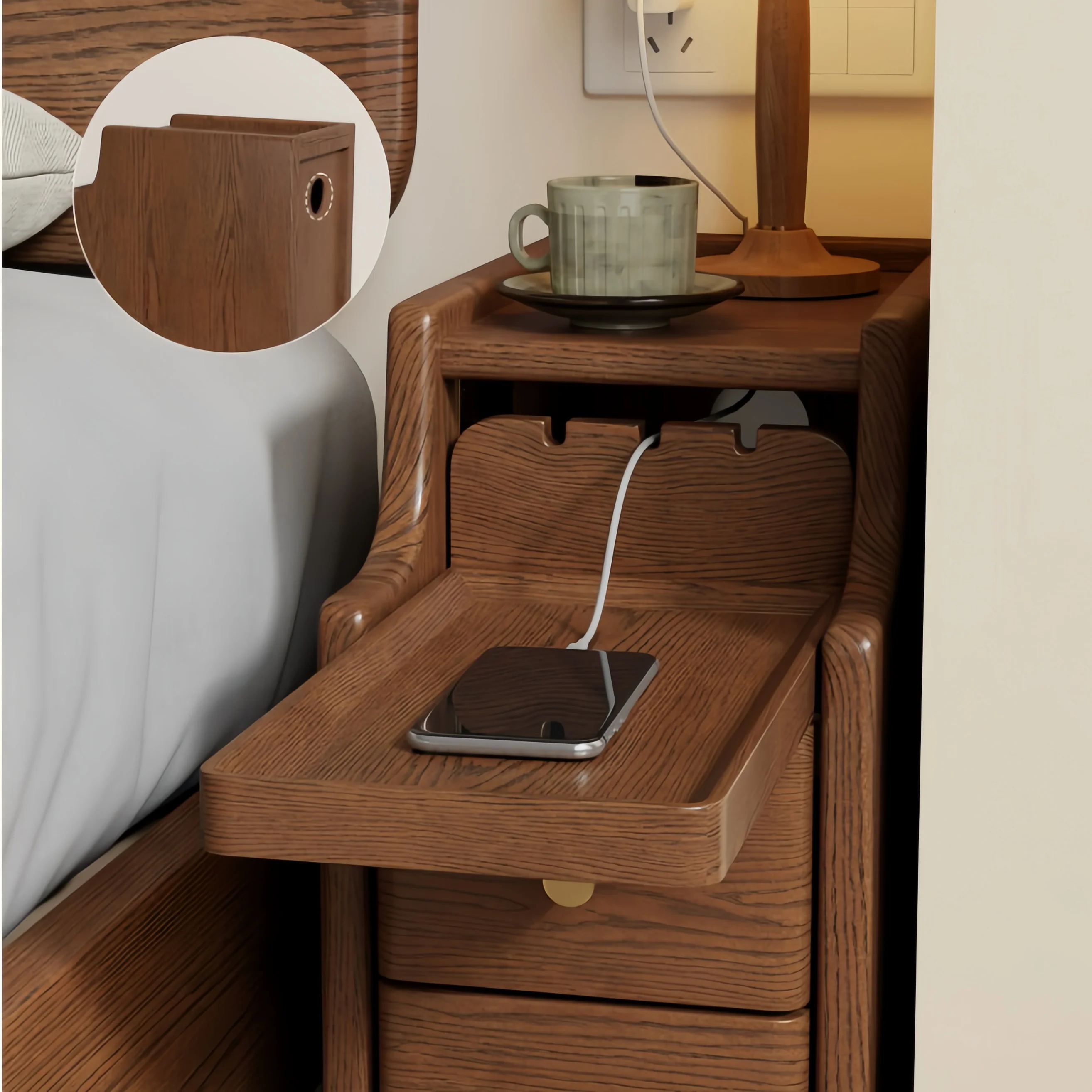 Solid Oak Wood Narrow Nightstand with 2 Drawers - Image 5