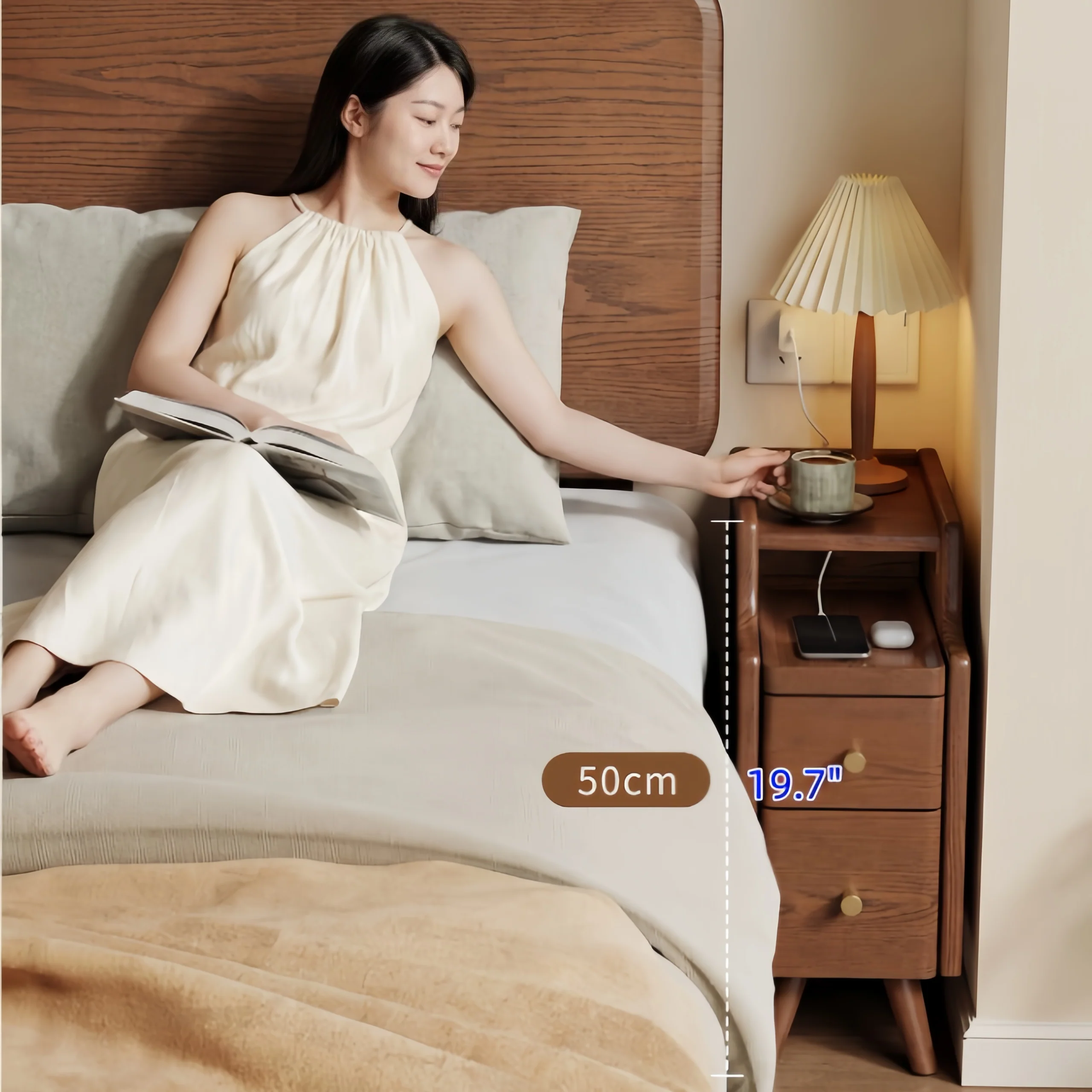 Solid Oak Wood Narrow Nightstand with 2 Drawers - Image 7