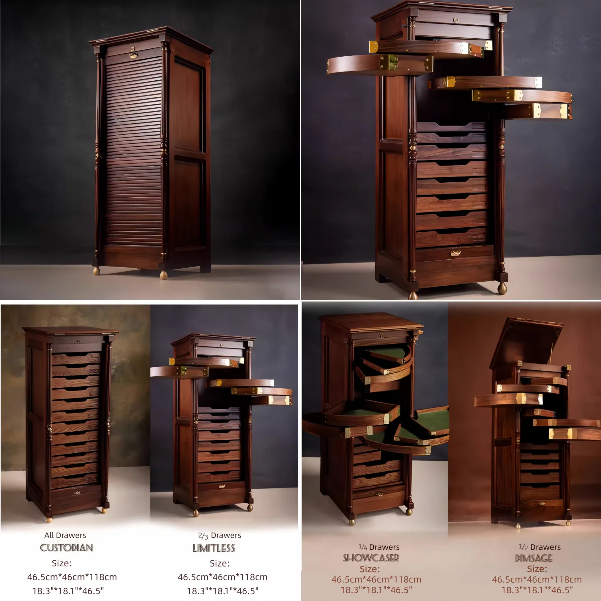 Solid Walnut Wood EASTLAKE Vertical Jewelry Cabinet with Rolling Wooden Curtain