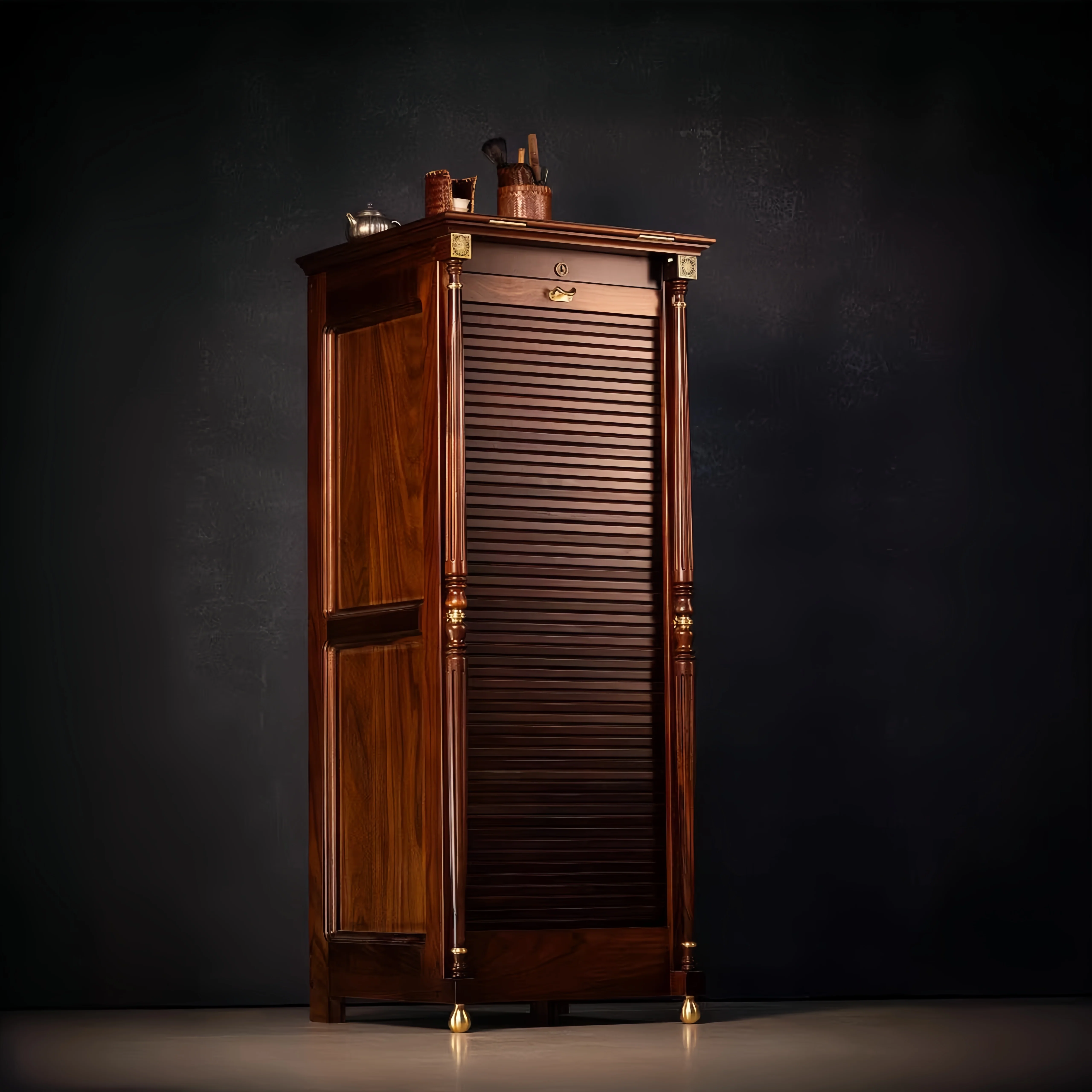 Solid Walnut Wood EASTLAKE Vertical Jewelry Cabinet with Rolling Wooden Curtain - Image 2