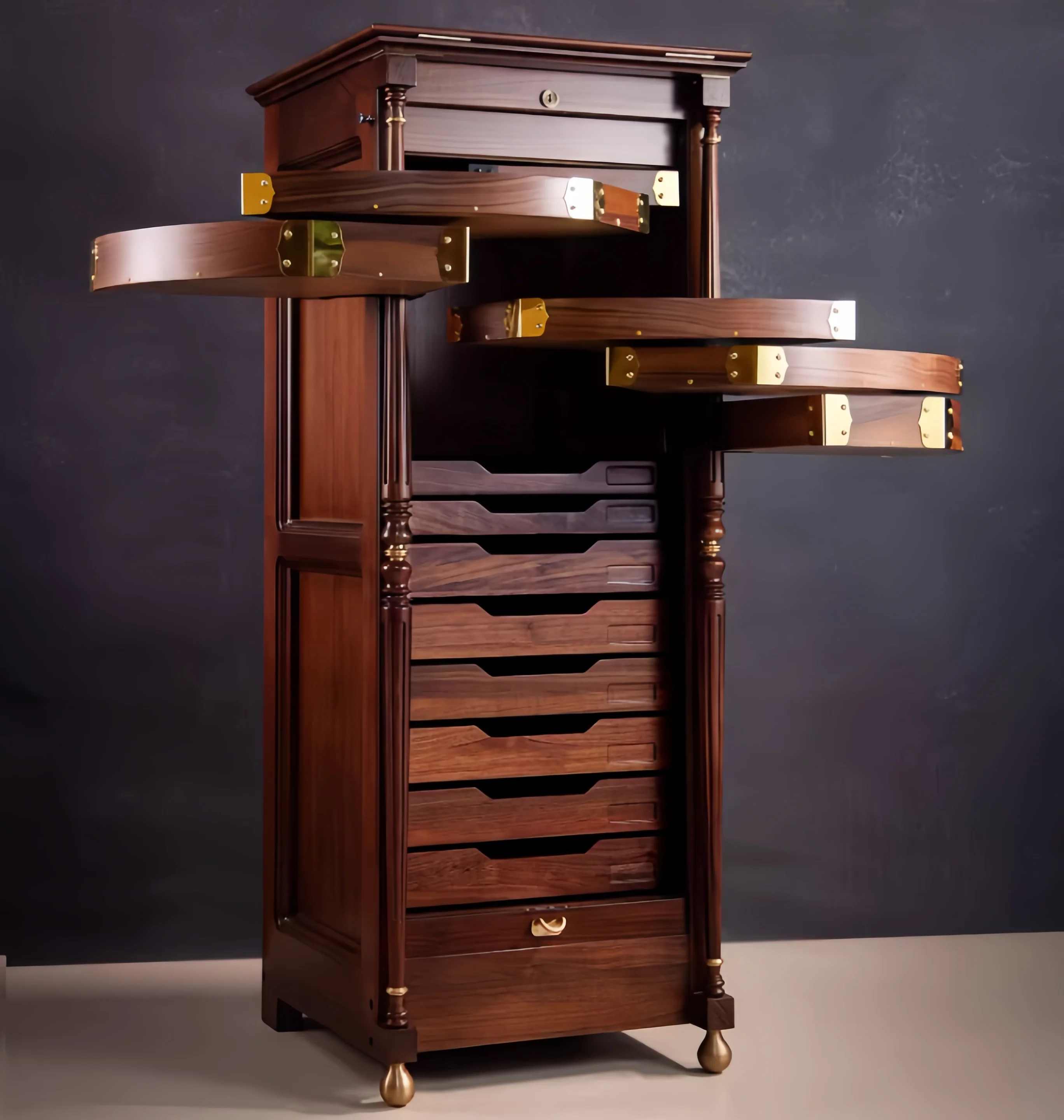 Solid Walnut Wood EASTLAKE Vertical Jewelry Cabinet with Rolling Wooden Curtain - Image 3