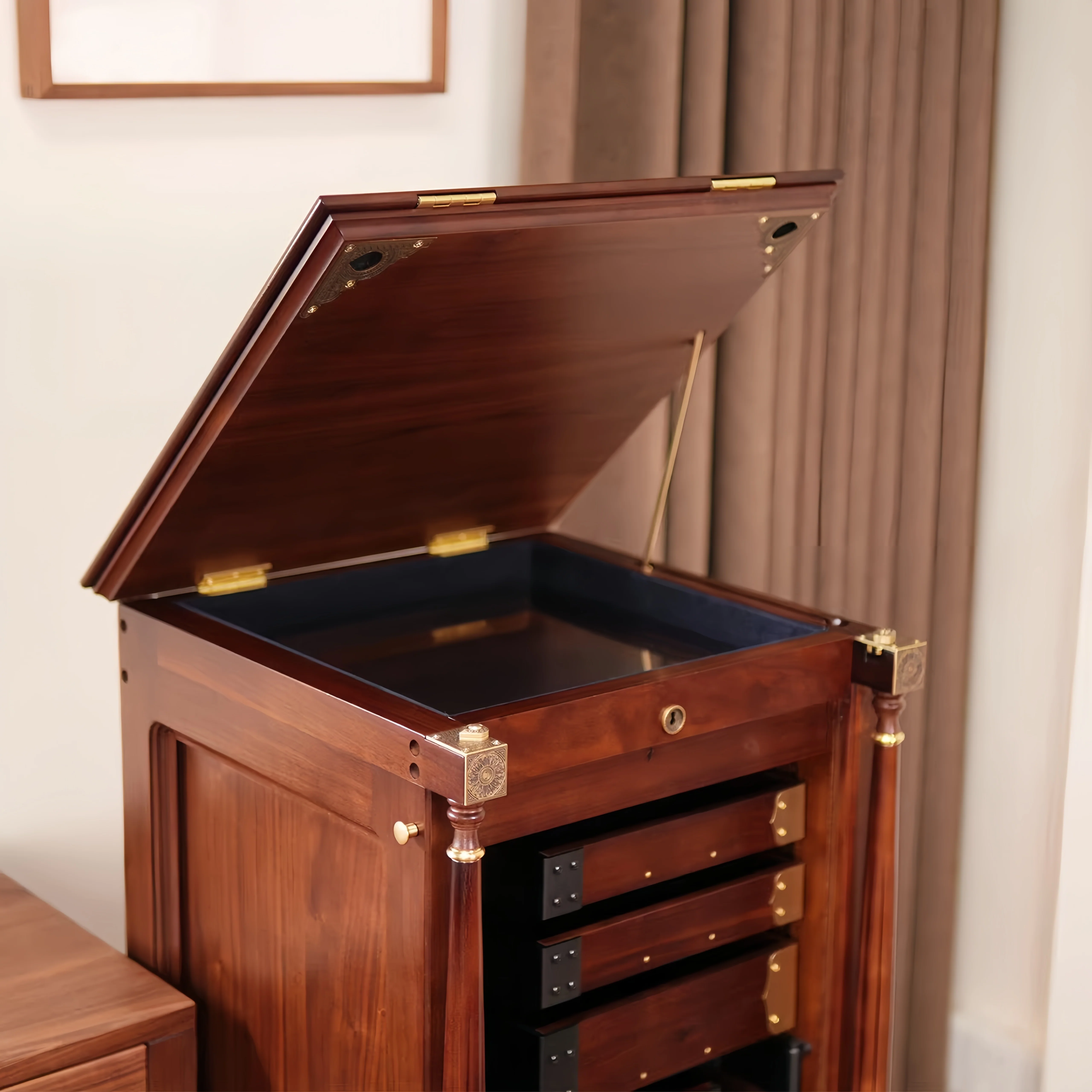 Solid Walnut Wood EASTLAKE Vertical Jewelry Cabinet with Rolling Wooden Curtain - Image 6