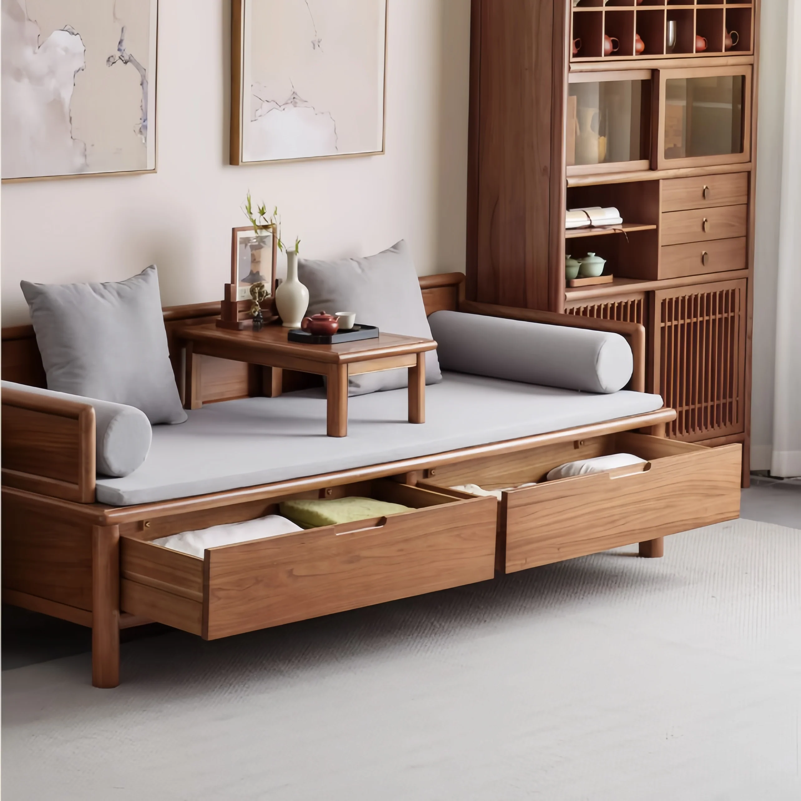 Solid Wood 3-In-1 Arhat Bed with Underneath Storage Drawers - Image 3