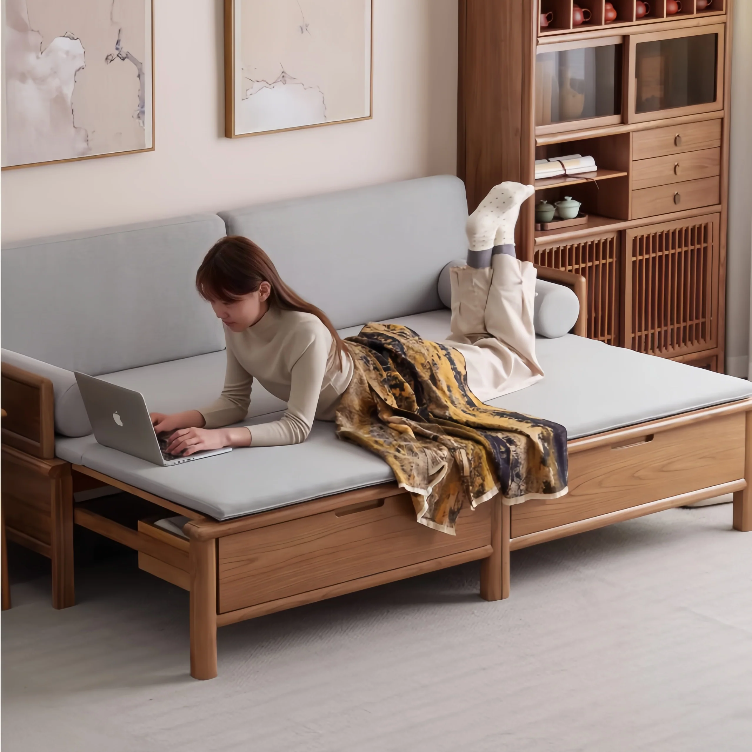 Solid Wood 3-In-1 Arhat Bed with Underneath Storage Drawers - Image 9
