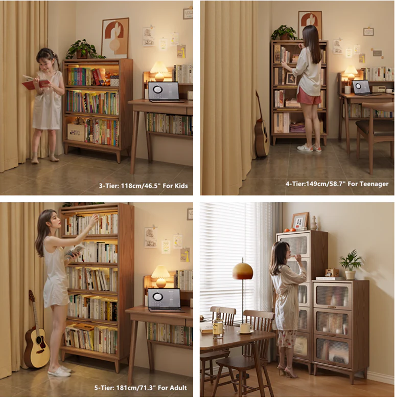 Solid Wood Bookcase with Tempered Glass Flip-Up Doors