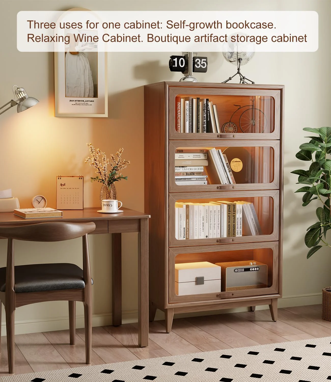 Solid Wood Bookcase with Tempered Glass Flip-Up Doors - Image 3