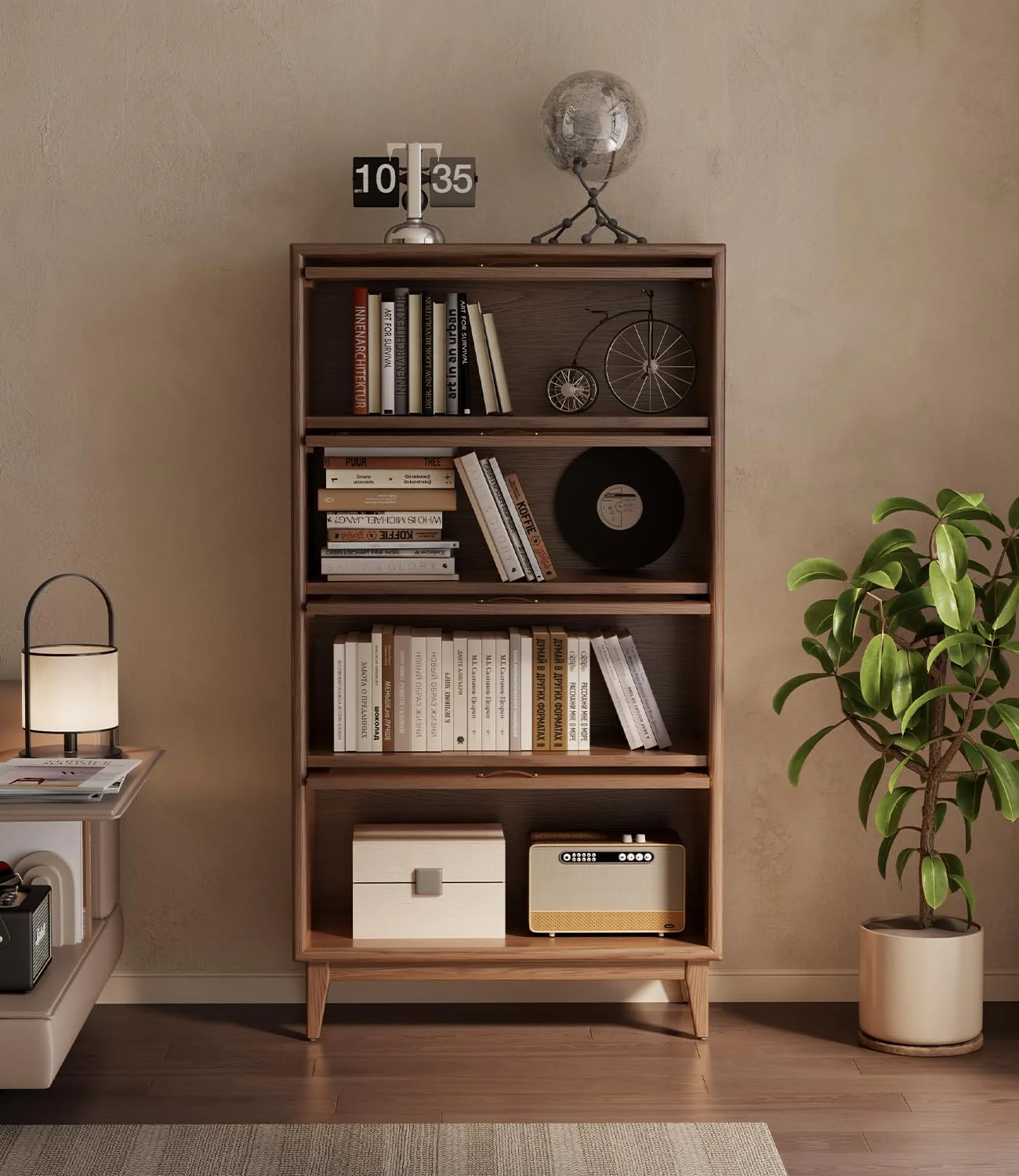 Solid Wood Bookcase with Tempered Glass Flip-Up Doors - Image 4