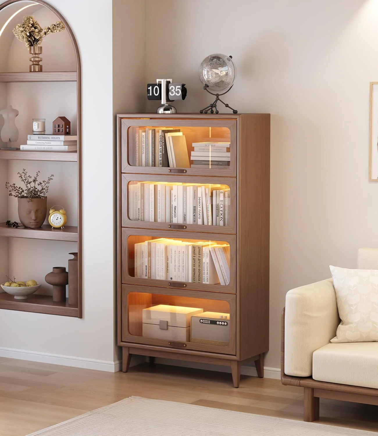 Solid Wood Bookcase with Tempered Glass Flip-Up Doors - Image 5