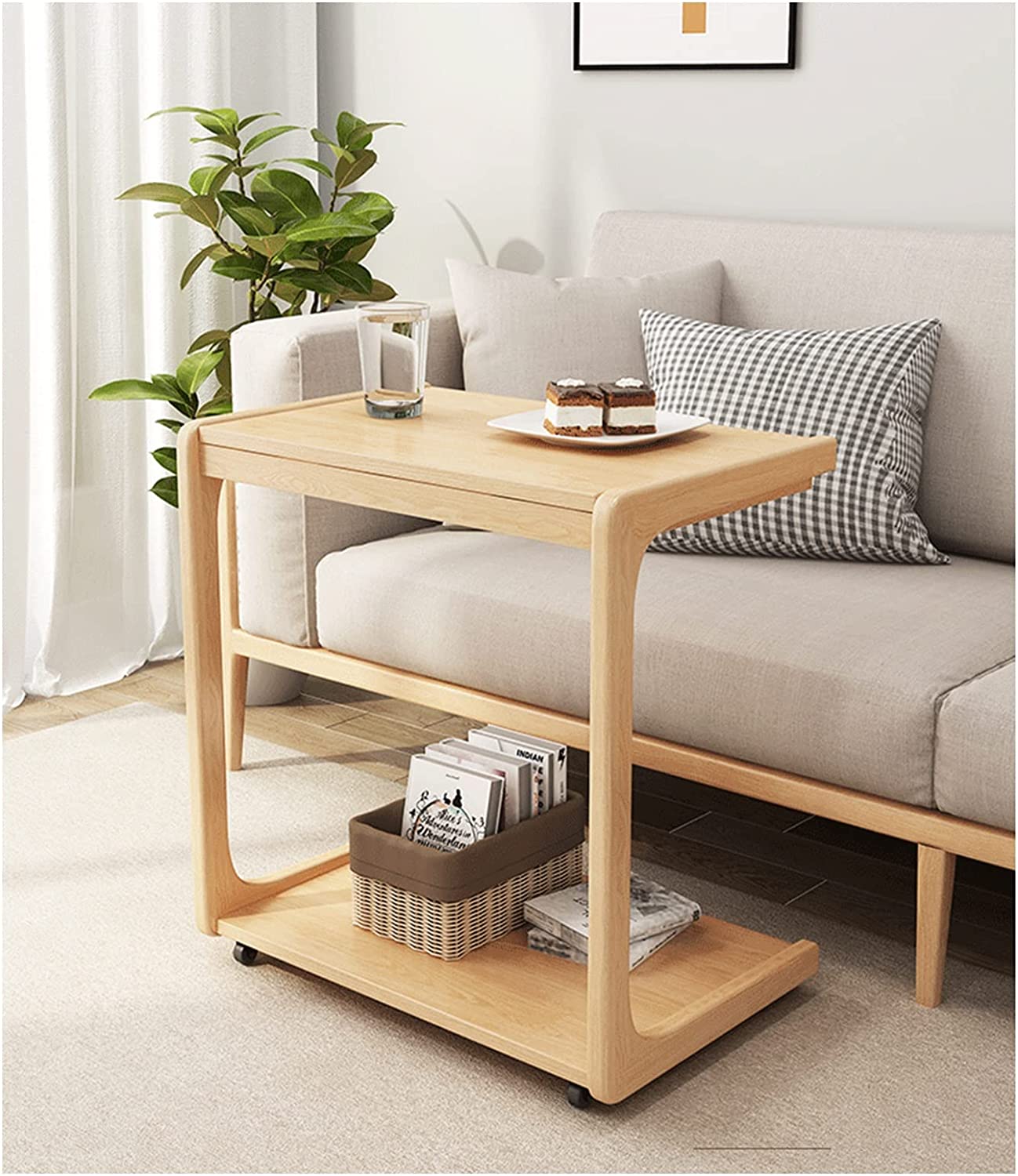 Solid Wood C-Shape Adjustable Flip End Table with Lockable Wheels - Image 11