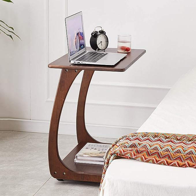 Solid Wood C-Shaped End Table with Rolling Wheels - Image 3