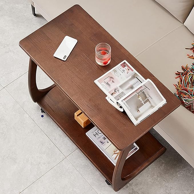 Solid Wood C-Shaped End Table with Rolling Wheels - Image 4