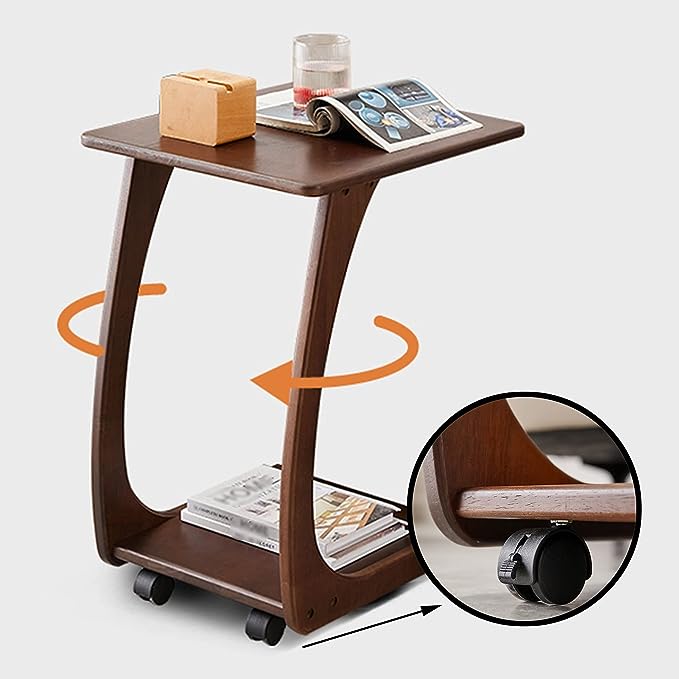 Solid Wood C-Shaped End Table with Rolling Wheels - Image 6