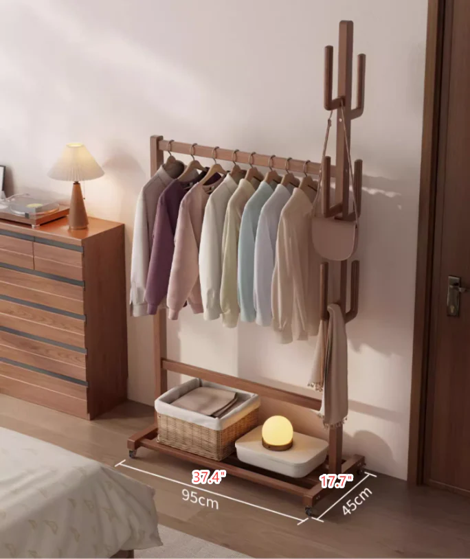 Solid Wood Cactus Coat Rack with Basket and Universal Wheels - Image 11