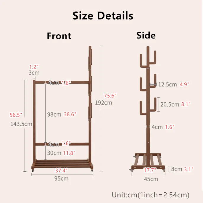 Solid Wood Cactus Coat Rack with Basket and Universal Wheels - Image 13