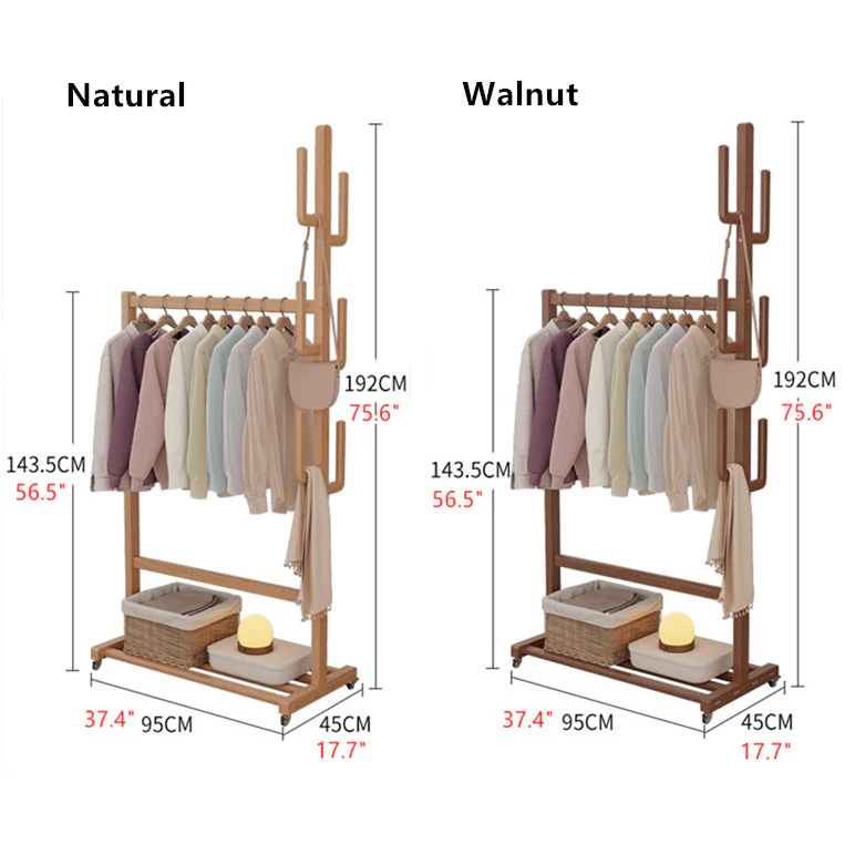 Solid Wood Cactus Coat Rack with Basket and Universal Wheels - Image 14