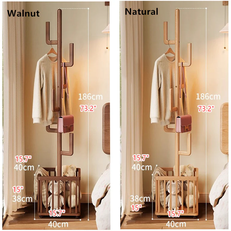 Solid Wood Cactus Coat Rack with Basket and Universal Wheels - Image 16