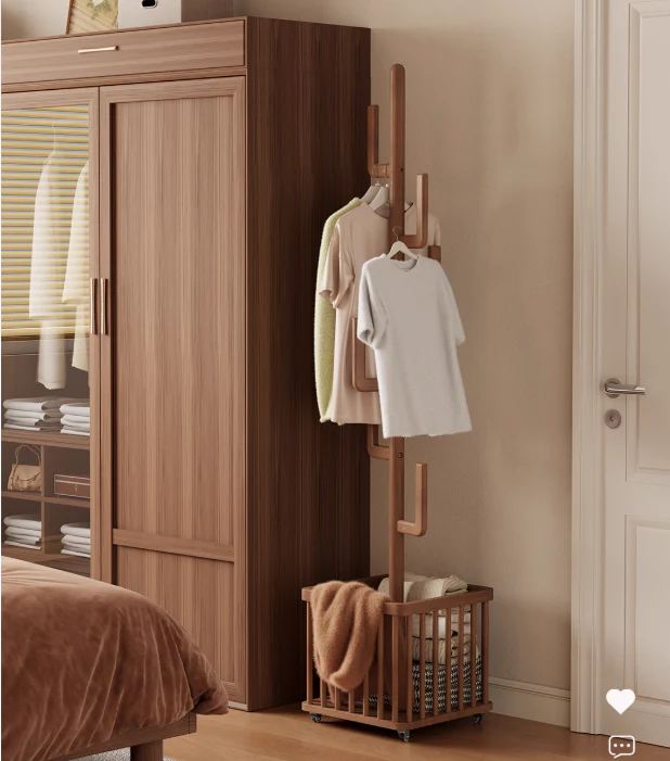 Solid Wood Cactus Coat Rack with Basket and Universal Wheels - Image 3
