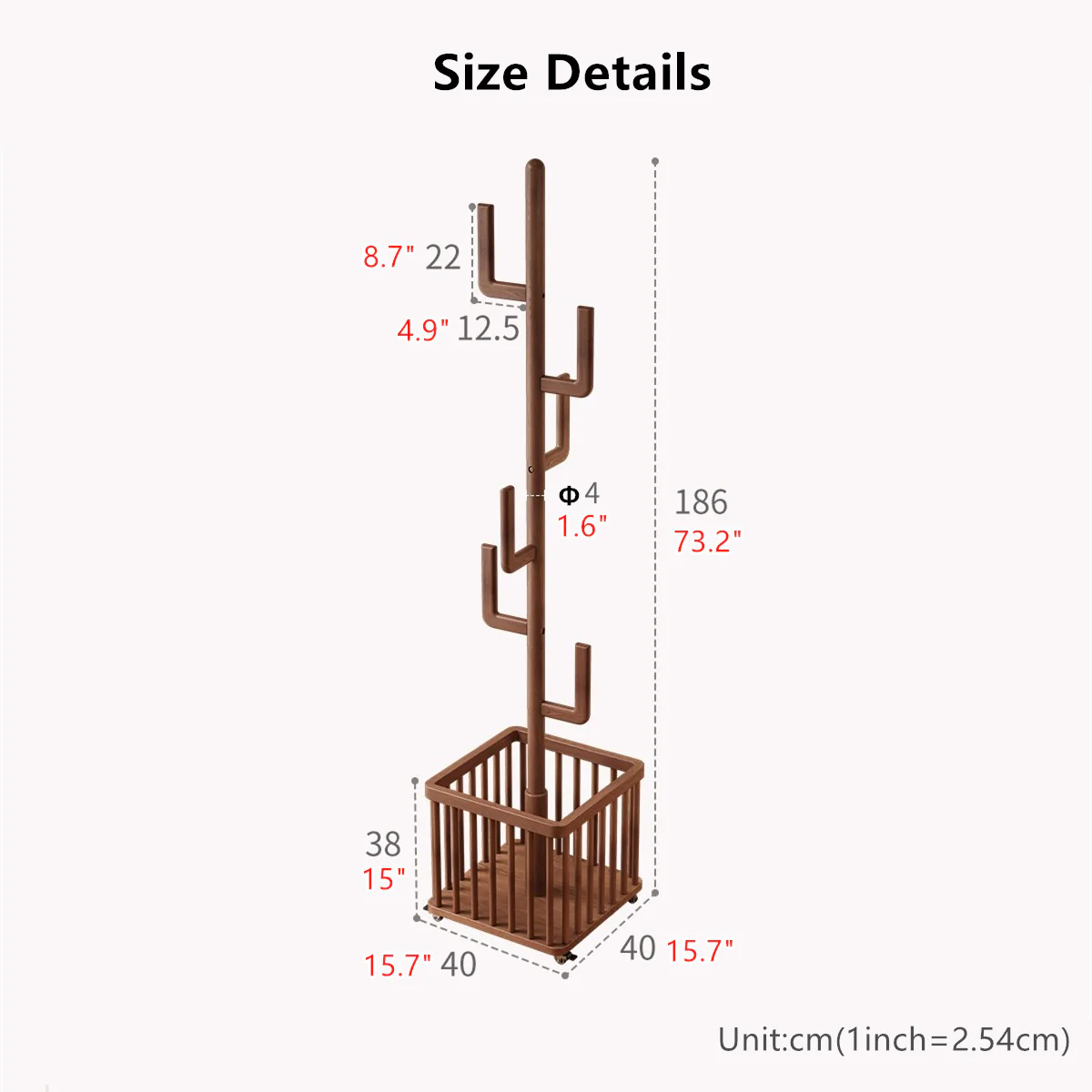 Solid Wood Cactus Coat Rack with Basket and Universal Wheels - Image 5