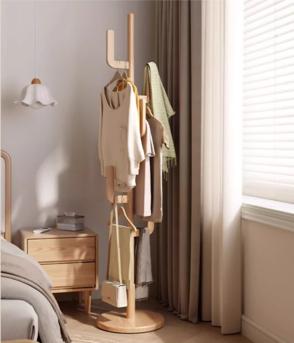 Solid Wood Cactus Coat Rack with Basket and Universal Wheels - Image 8