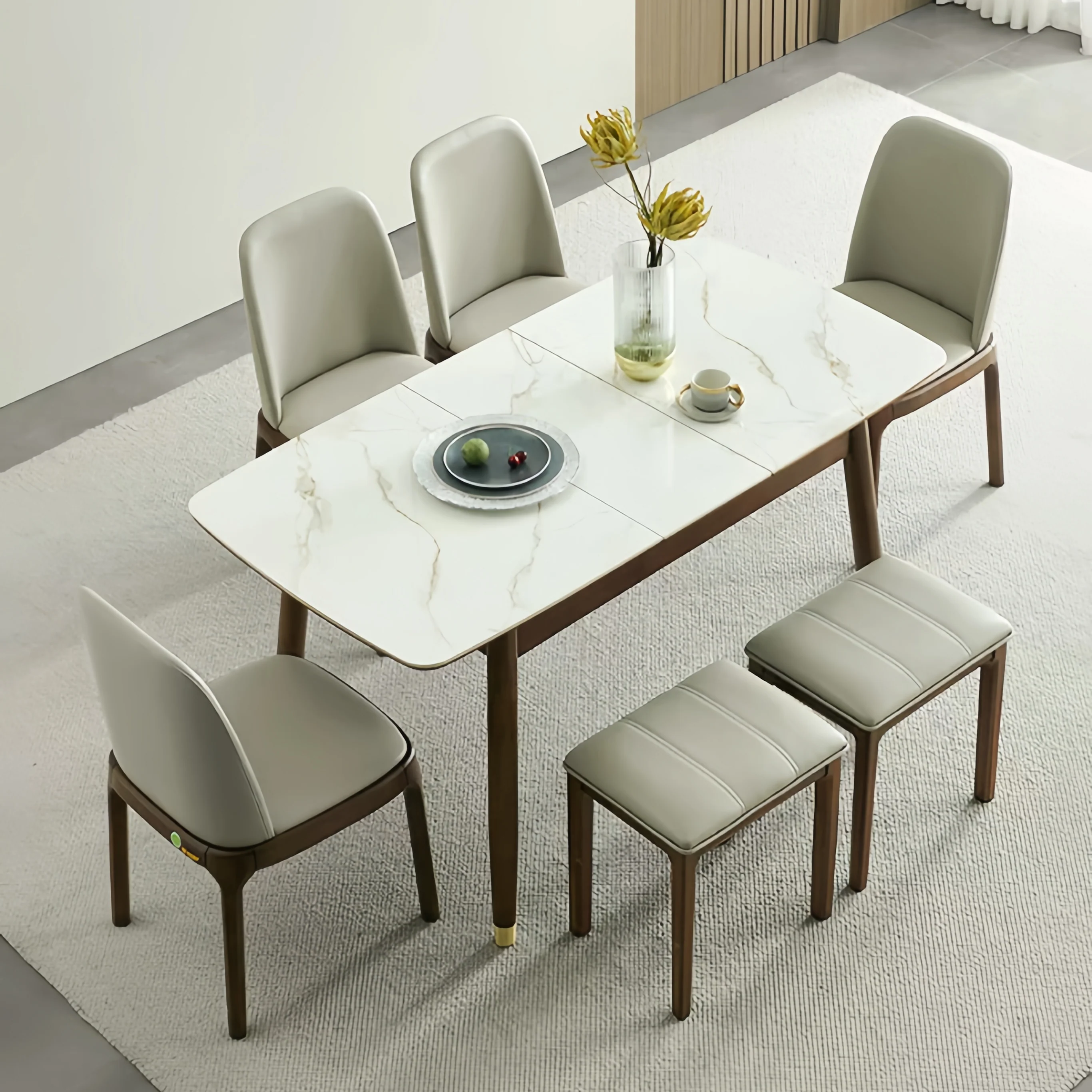 Solid Wood Expandable Dining Table with Sintered Stone Tabletop - Image 11