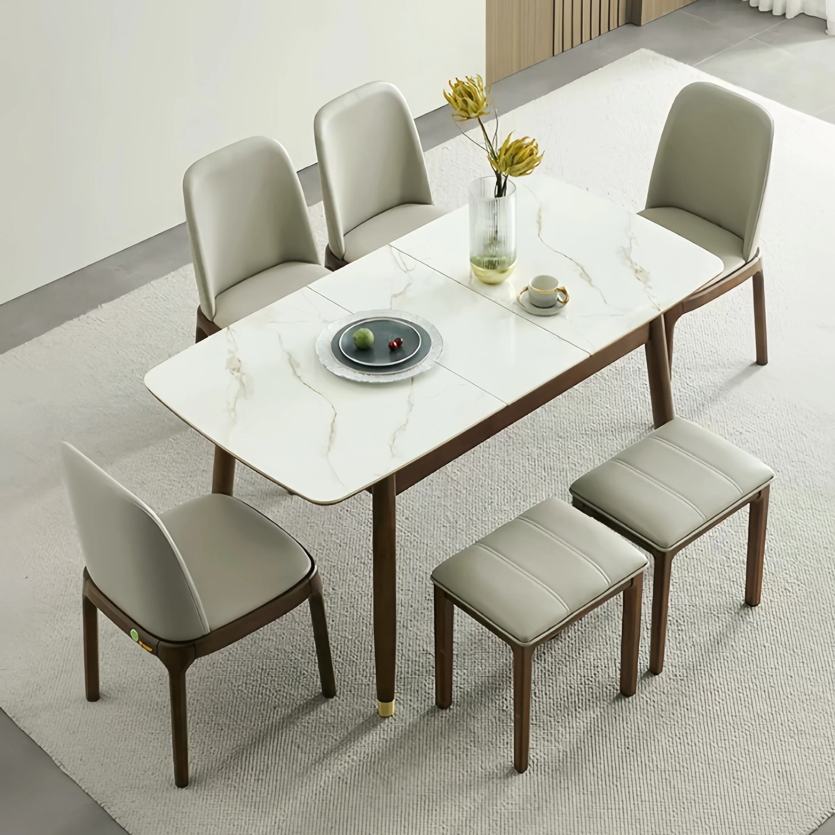 Solid Wood Expandable Dining Table with Sintered Stone Tabletop - Image 5
