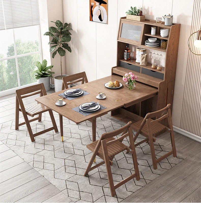 Solid Wood Folding Multifunctional Dining Table with Cabinet and Folding Chairs - Image 10