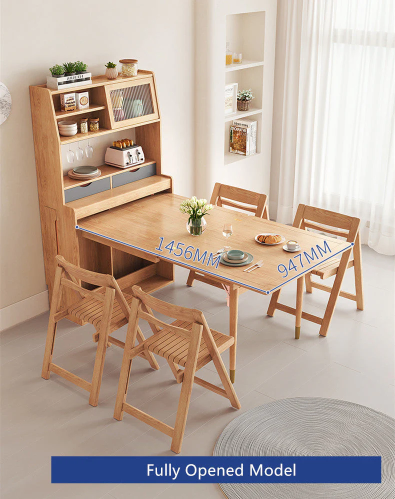 Solid Wood Folding Multifunctional Dining Table with Cabinet and Folding Chairs - Image 12