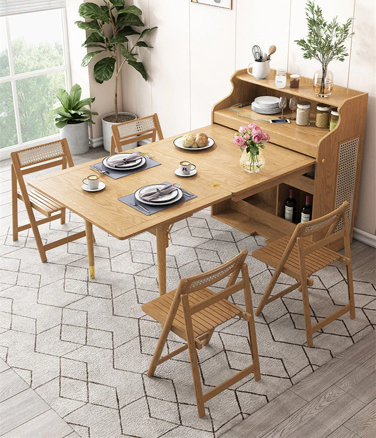 Solid Wood Folding Multifunctional Dining Table with Cabinet and Folding Chairs - Image 5