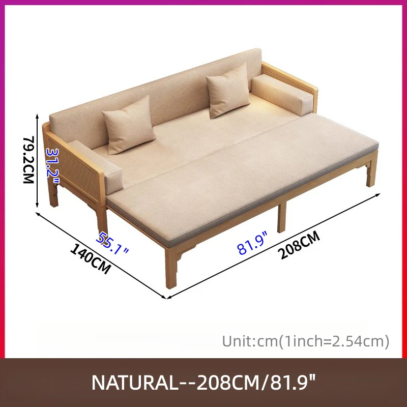 Solid Wood Frame Rattan Weaving Armrest Pull-Out Arhat Sofa Bed - Image 13
