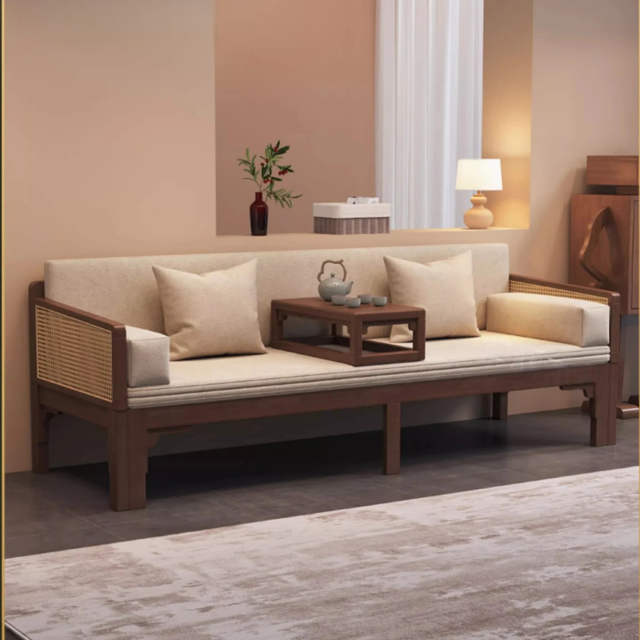 Solid Wood Frame Rattan Weaving Armrest Pull-Out Arhat Sofa Bed - Image 2