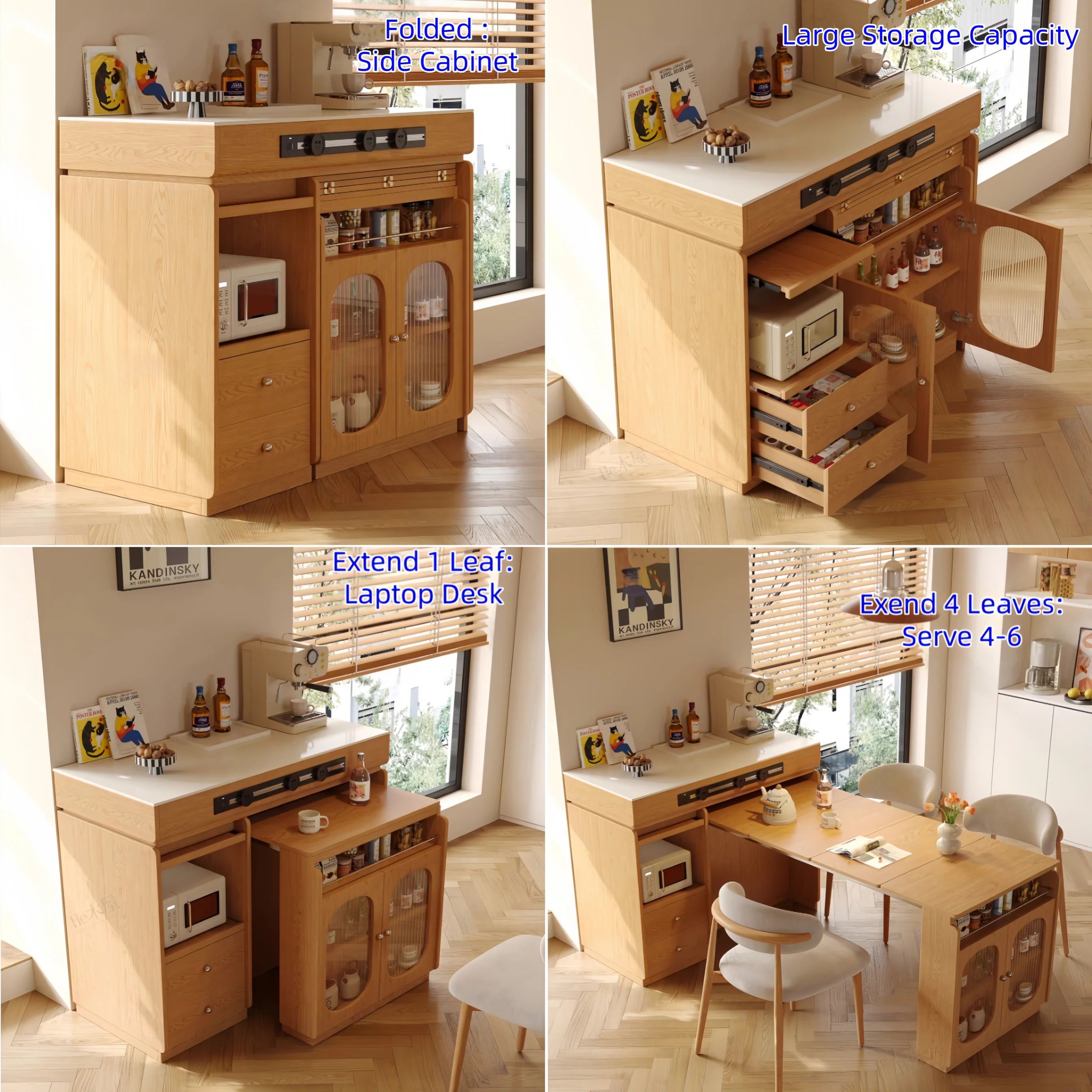 Solid Wood Kitchen Island Cabinet with Extendable Table