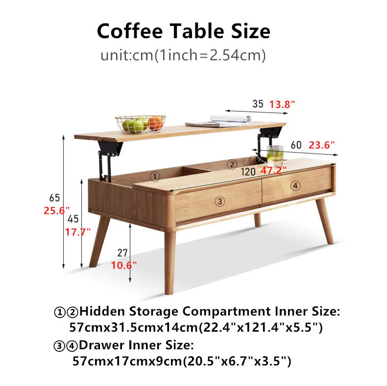 Solid Wood Lift Top Coffee Table with Drawers and Hidden Storage Compartments - Image 8