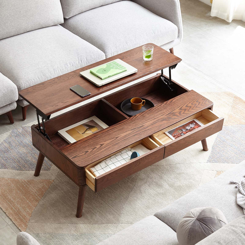 Solid Wood Lift Top Coffee Table with Drawers and Hidden Storage Compartments - Image 9