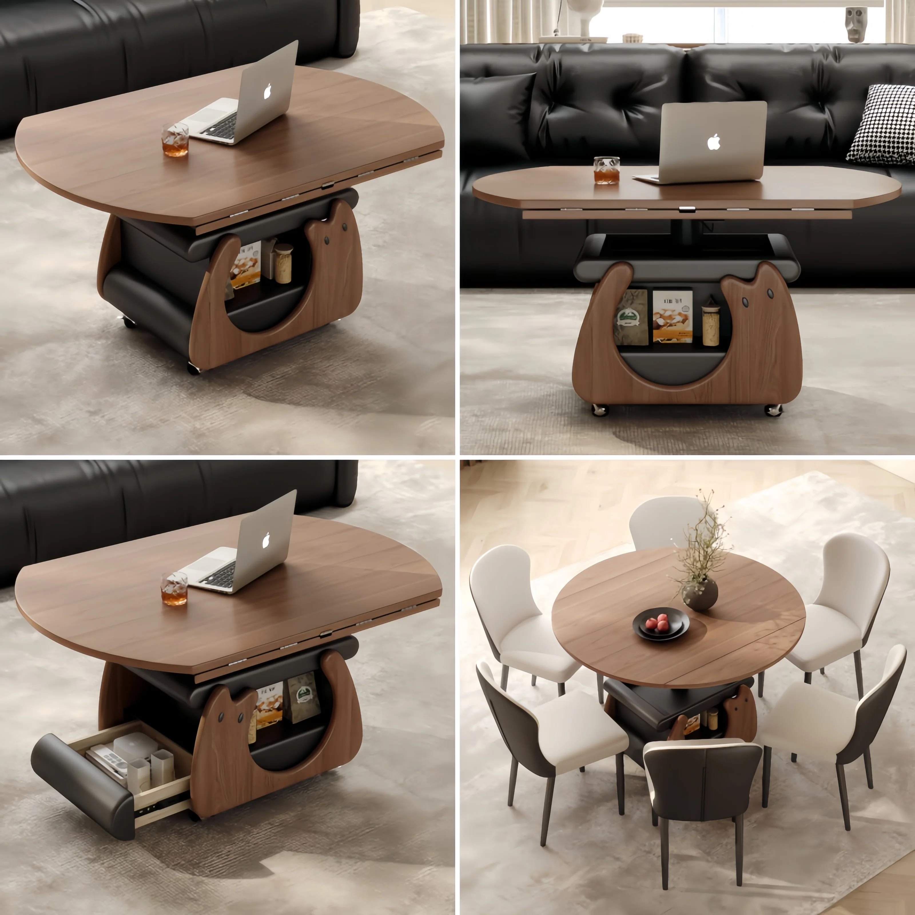 Solid Wood Liftable & Foldable Coffee Table with Storage and Universal Wheels