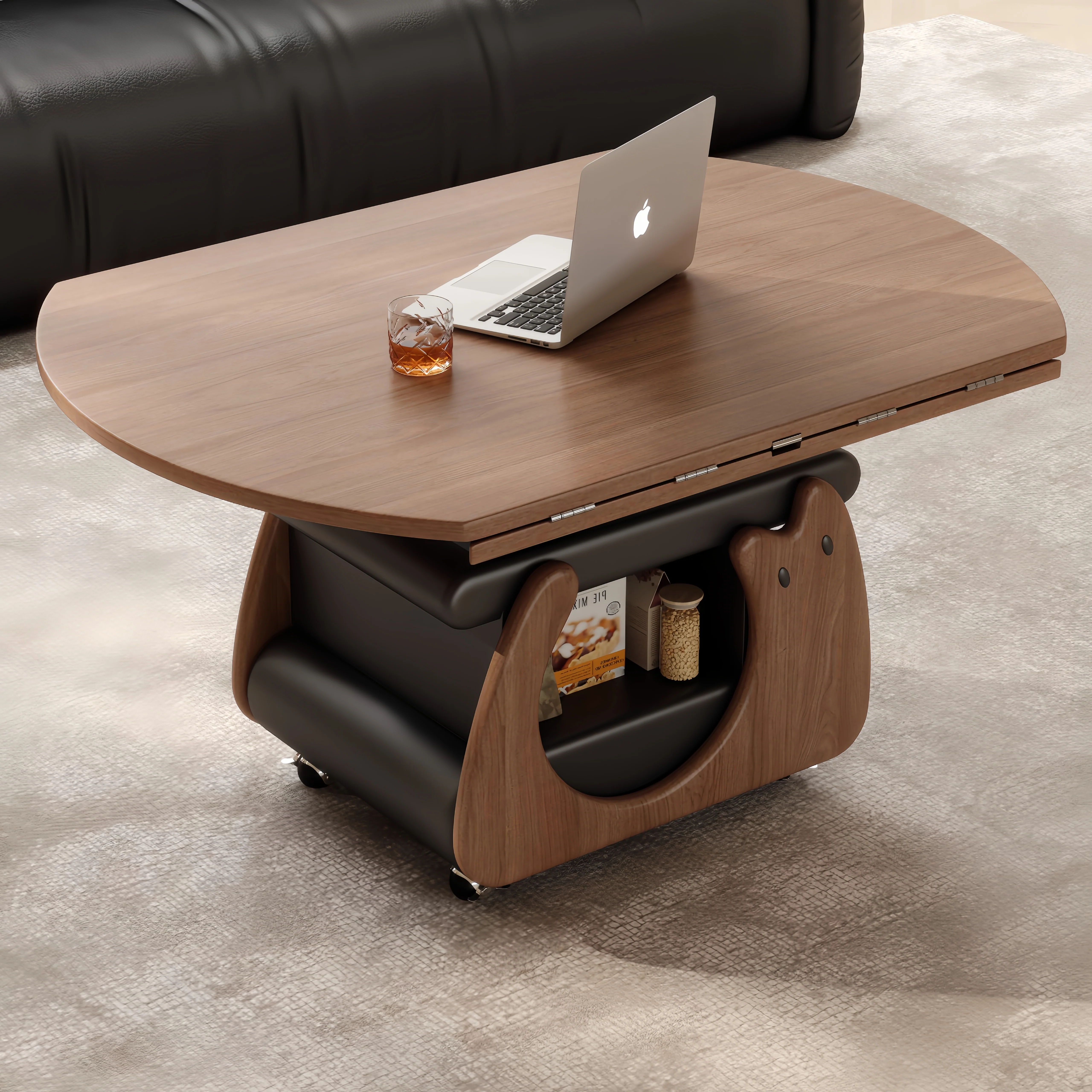 Solid Wood Liftable & Foldable Coffee Table with Storage and Universal Wheels - Image 2