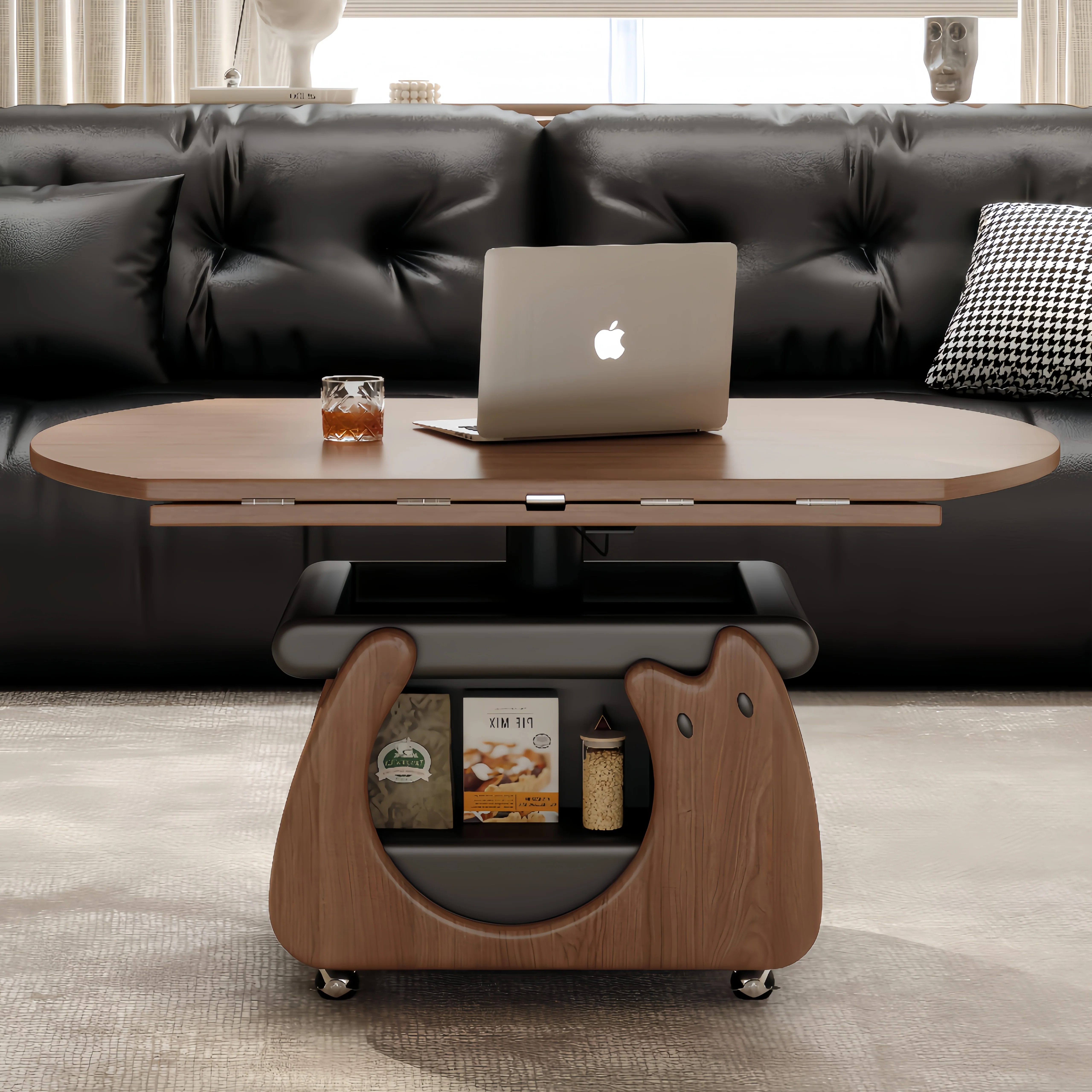 Solid Wood Liftable & Foldable Coffee Table with Storage and Universal Wheels - Image 3