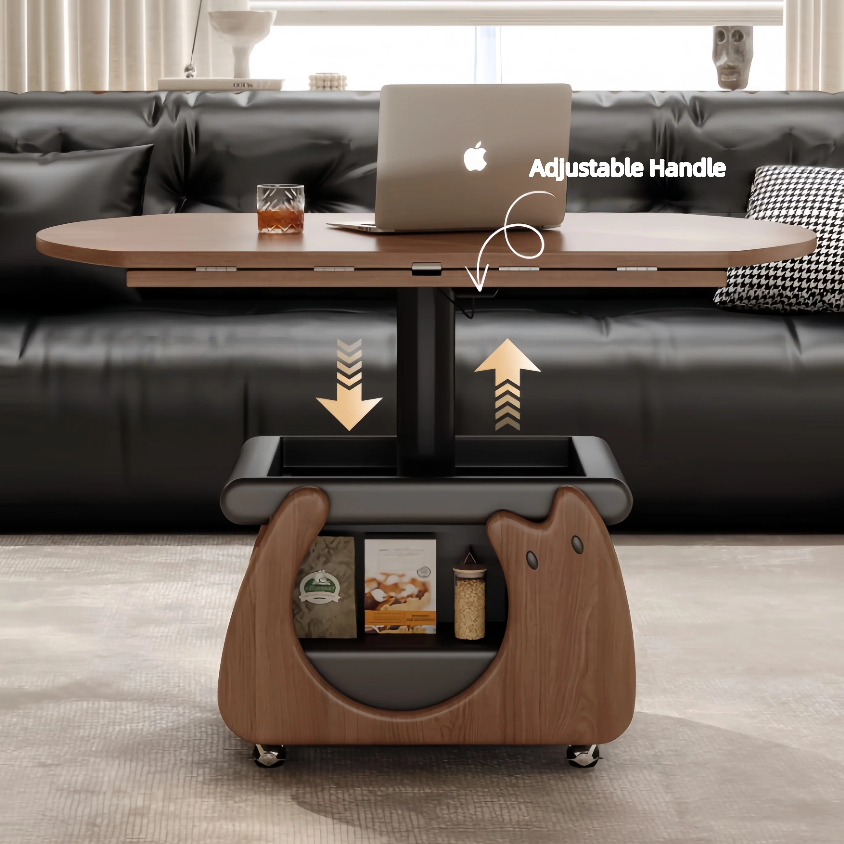 Solid Wood Liftable & Foldable Coffee Table with Storage and Universal Wheels - Image 4