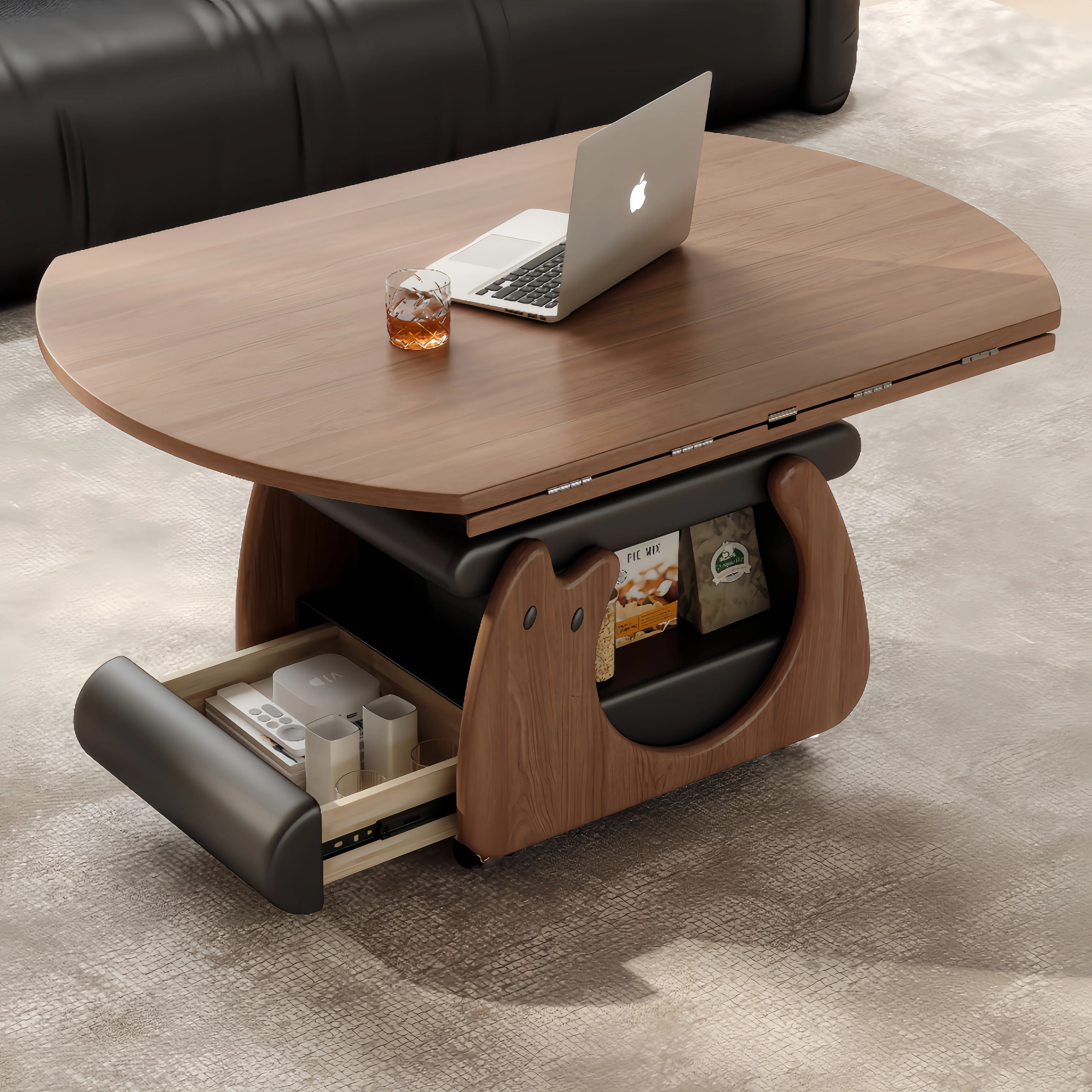 Solid Wood Liftable & Foldable Coffee Table with Storage and Universal Wheels - Image 6