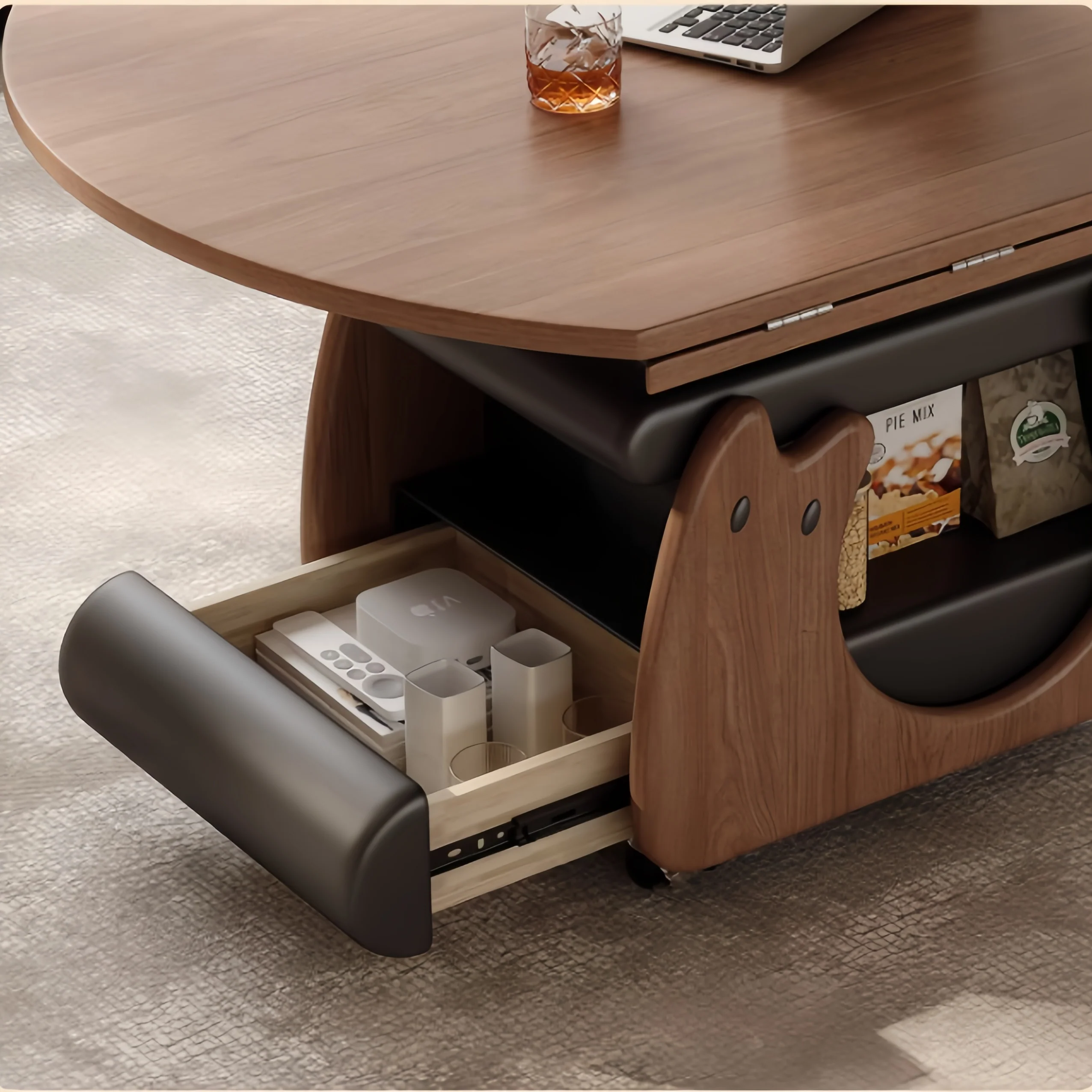 Solid Wood Liftable & Foldable Coffee Table with Storage and Universal Wheels - Image 7