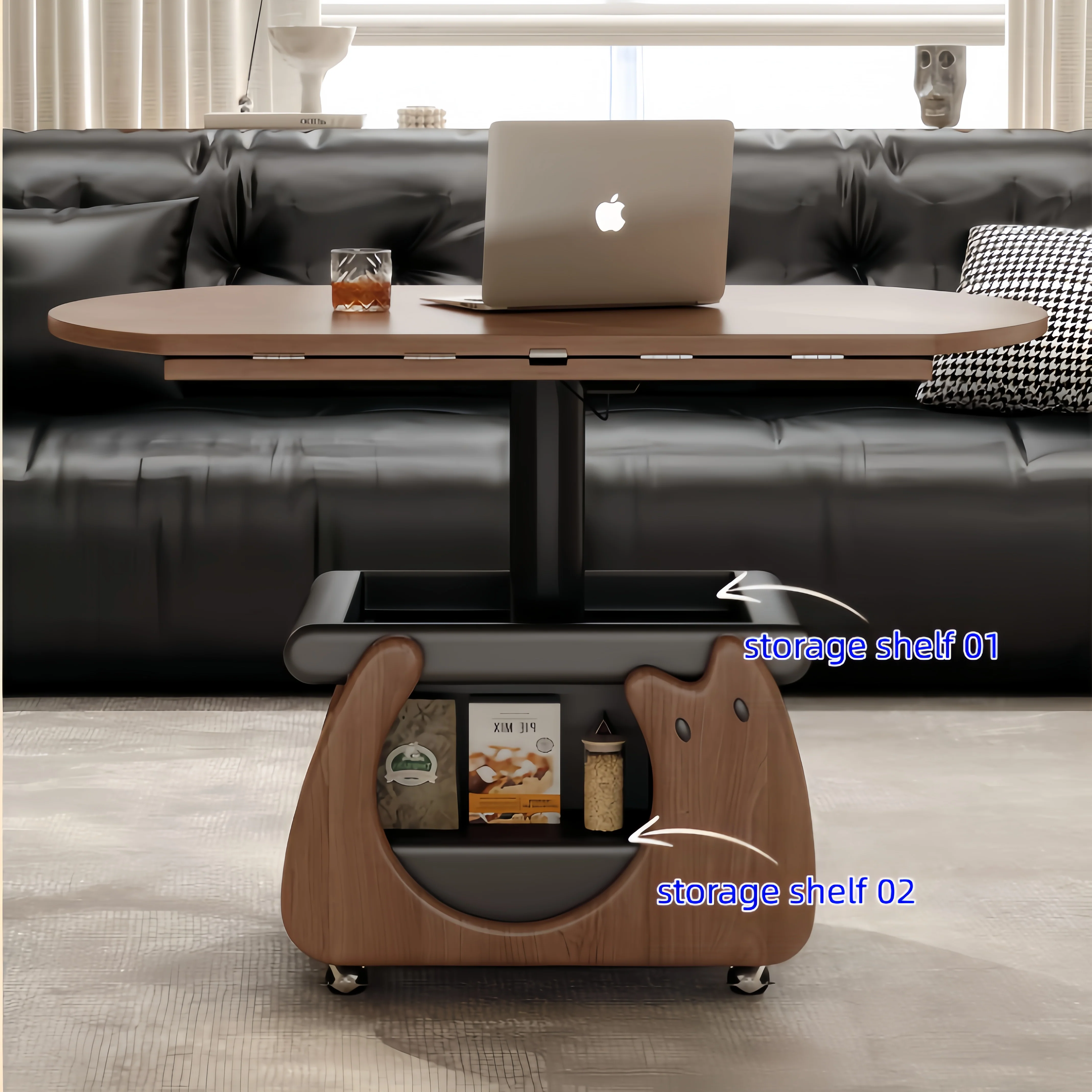 Solid Wood Liftable & Foldable Coffee Table with Storage and Universal Wheels - Image 8