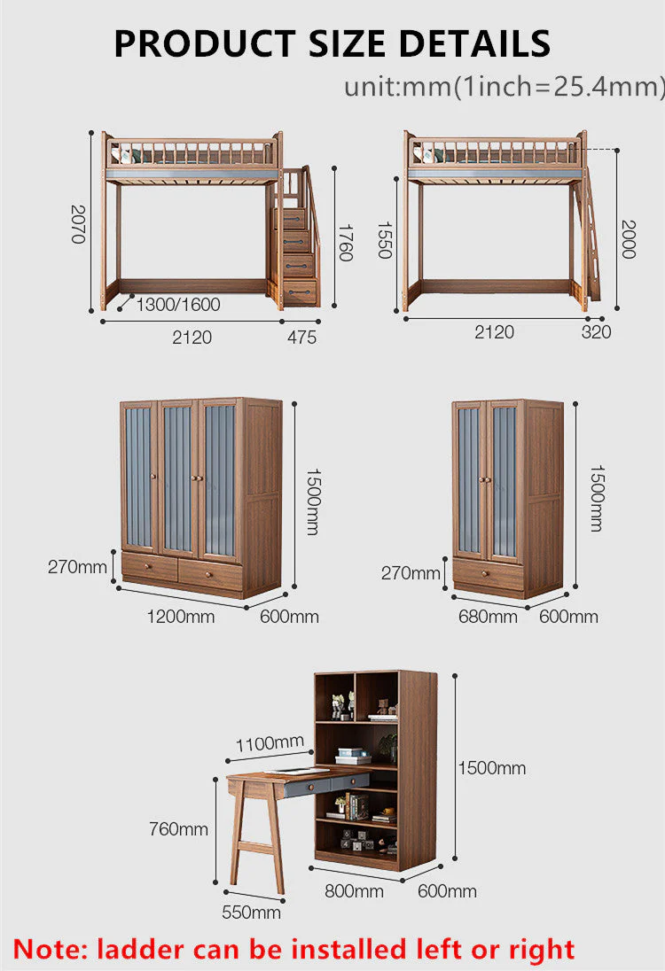 Solid Wood Loft Bed With Wardrobe and Desk - Image 7