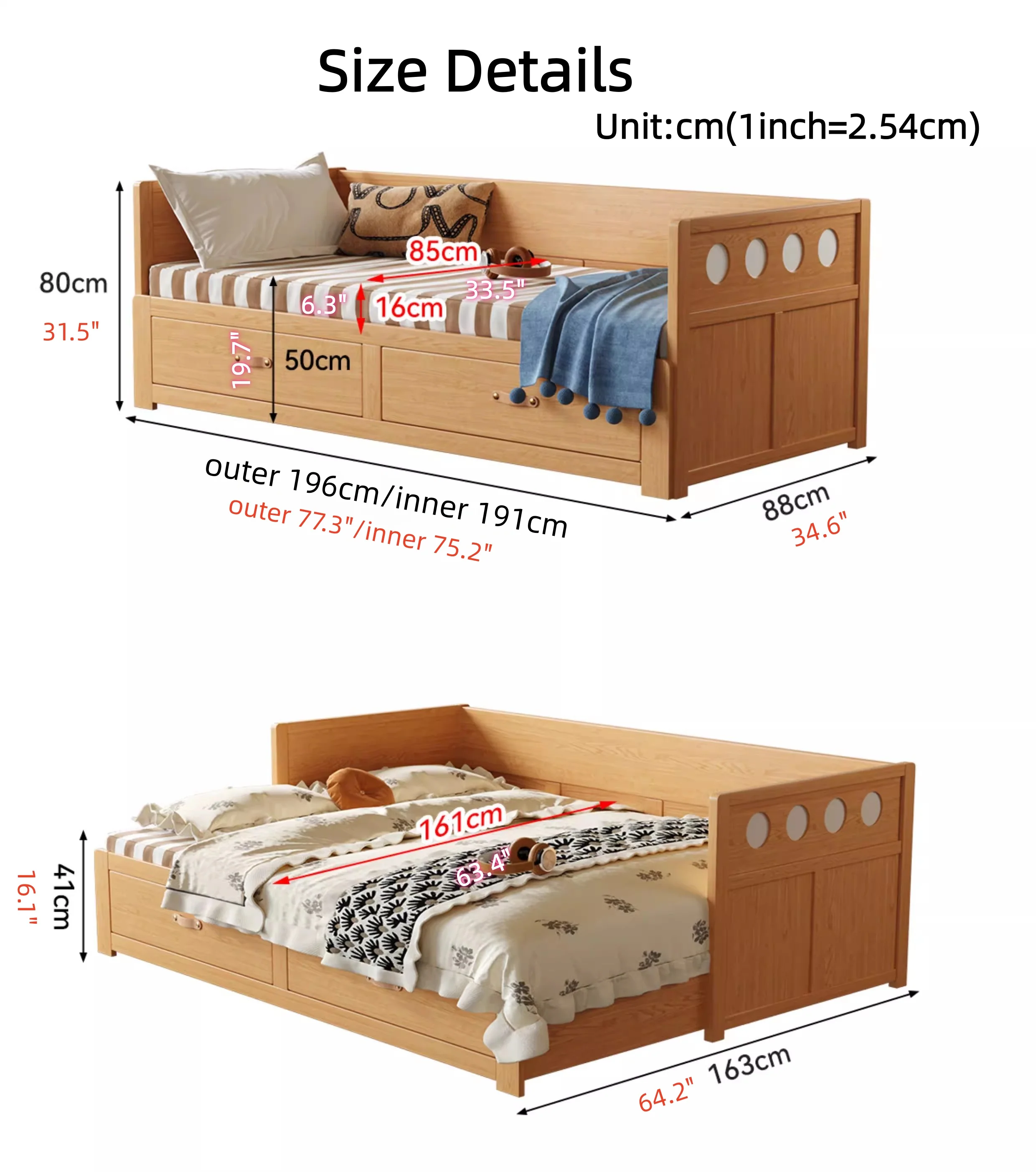 Solid Wood POLKA Pull Out Sofa Bed with Underneath Storage Drawers - Image 12