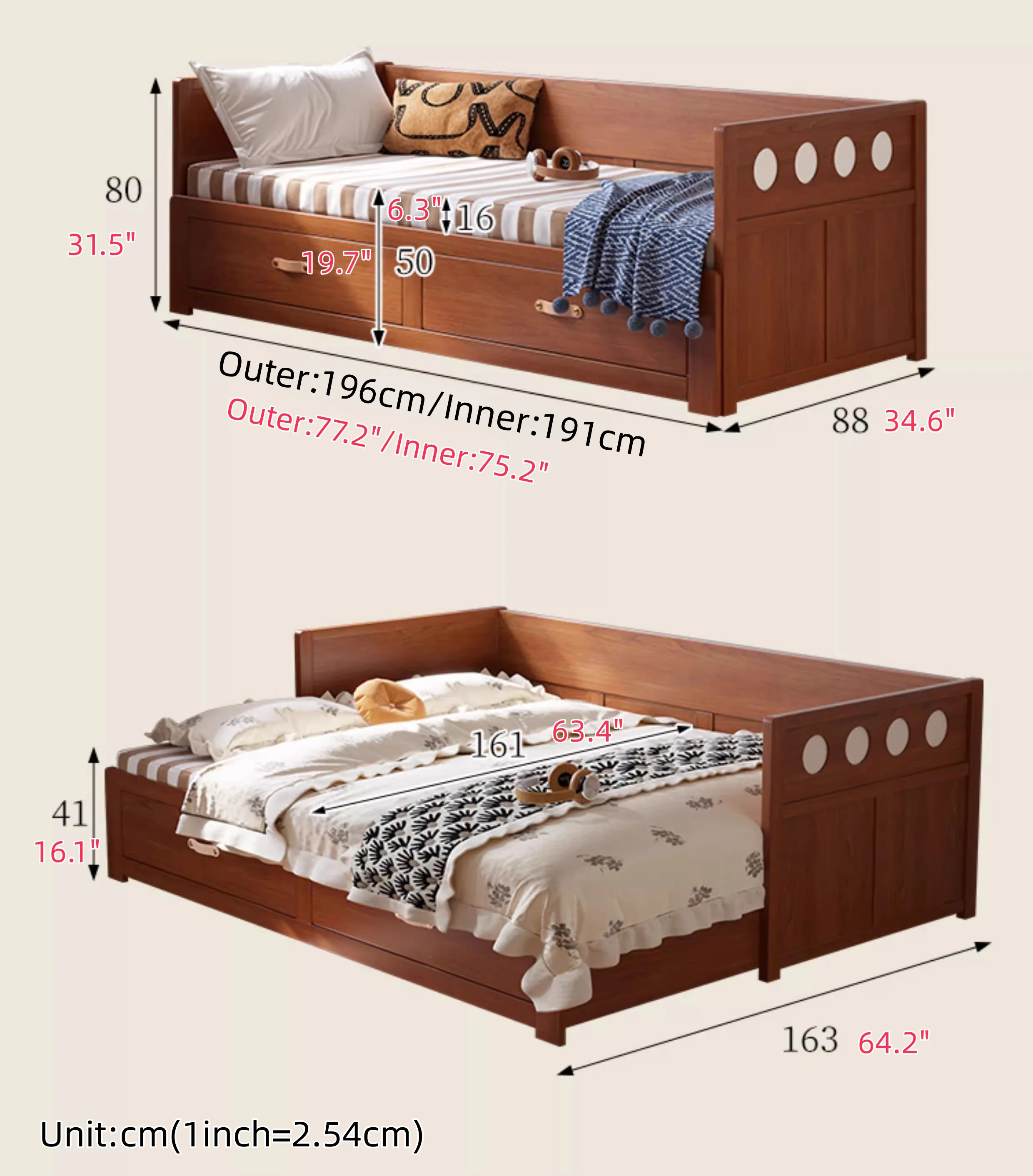 Solid Wood POLKA Pull Out Sofa Bed with Underneath Storage Drawers - Image 19