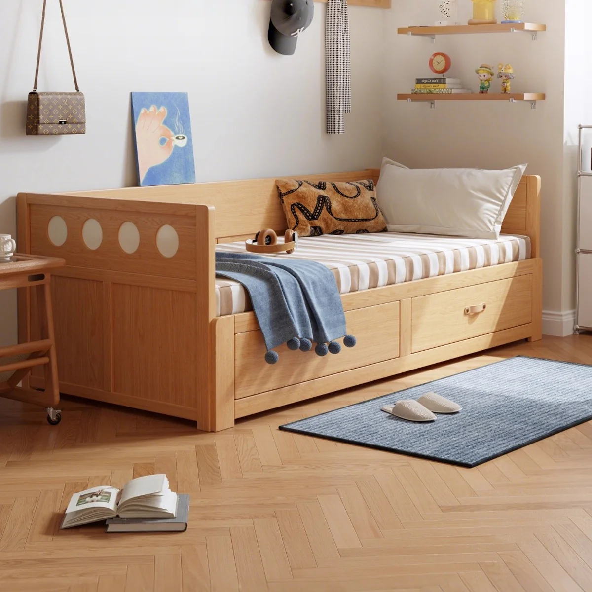 Solid Wood POLKA Pull Out Sofa Bed with Underneath Storage Drawers - Image 4